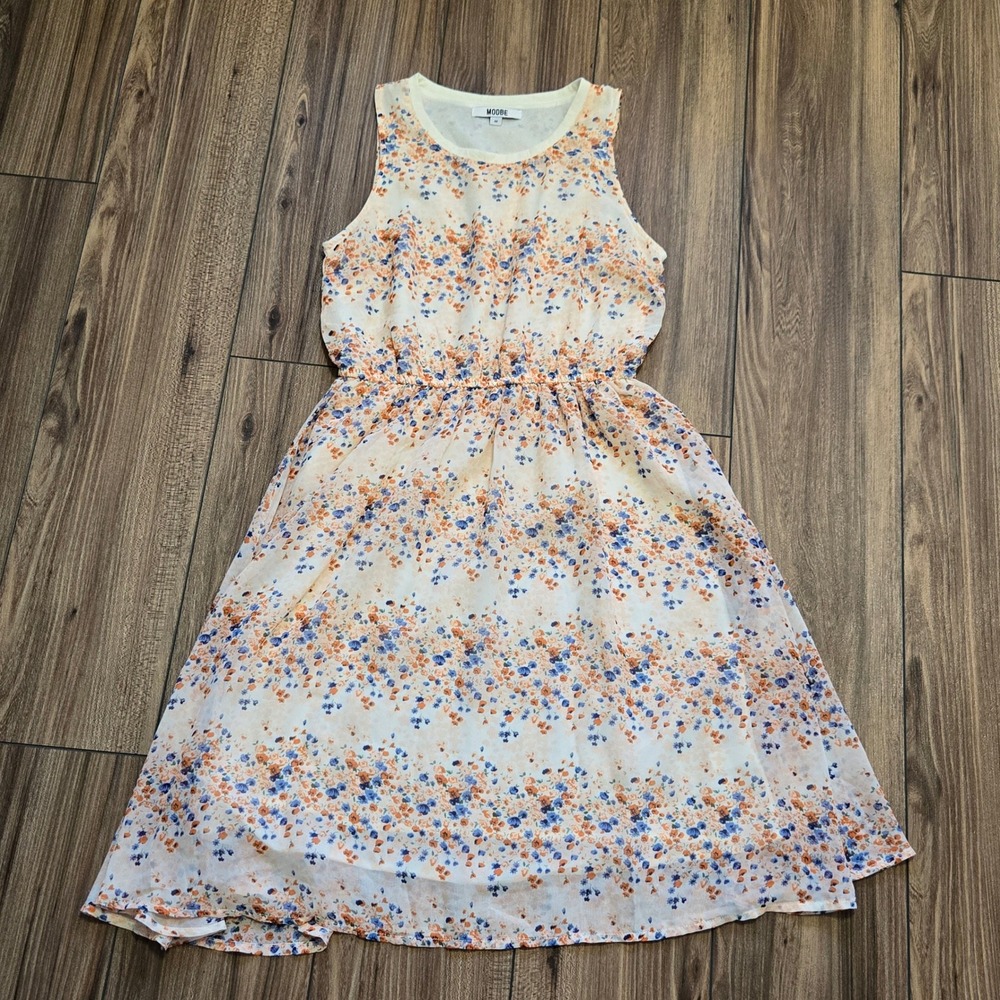 MODBE Floral Sleeveless Elastic Waist‎ Midi Dress Cream Orange Blue Size M